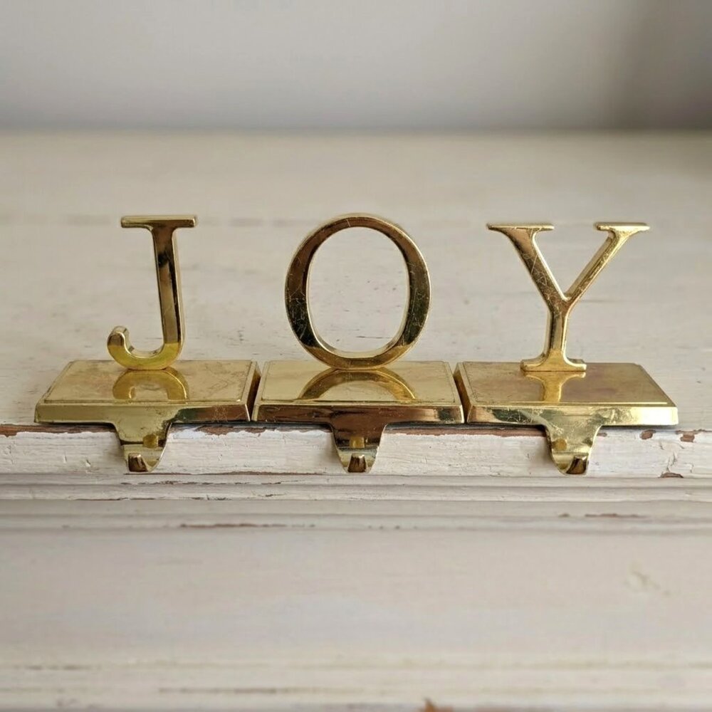 JOY Christmas Stocking Hangers Gold Tone Metal Mantle Hooks Set of 3 Holiday Vtg